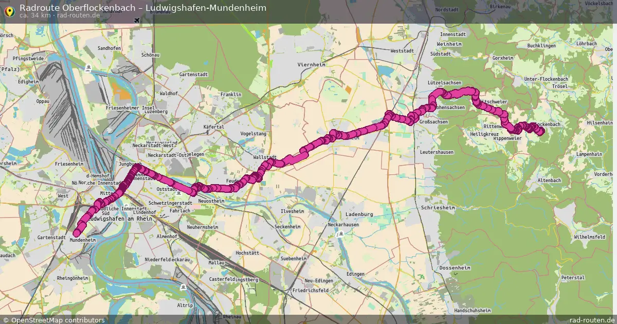 Fahrradroute Oberflockenbach – Ludwigshafen-Mundenheim