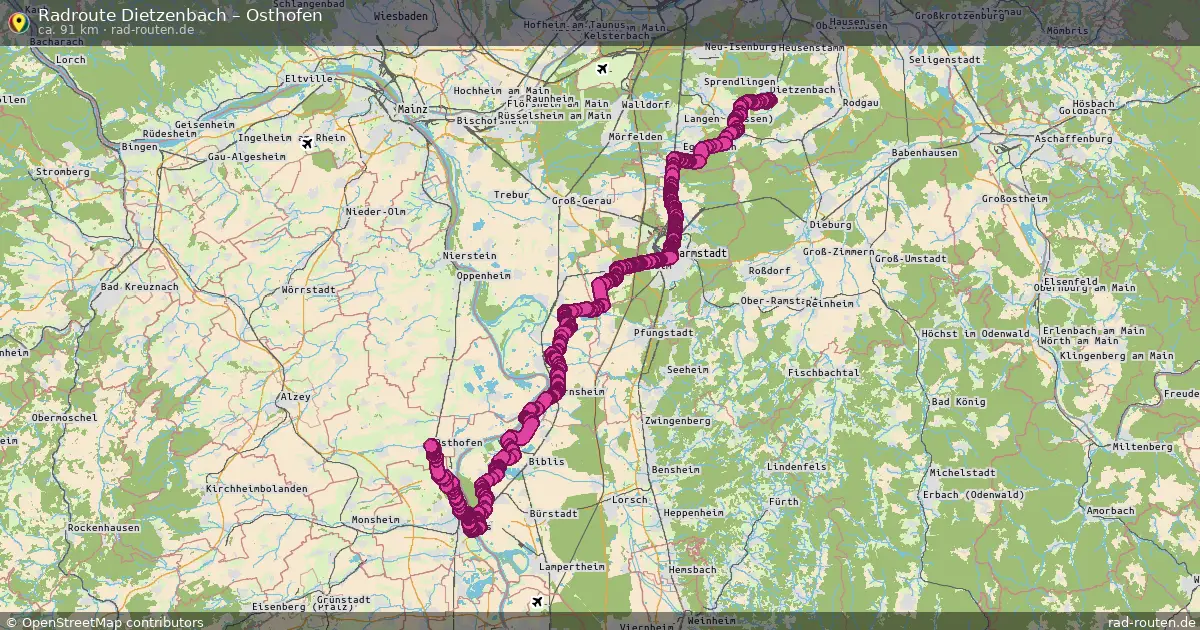 Fahrradroute Dietzenbach – Osthofen (87 km) – Rad-Routen.de