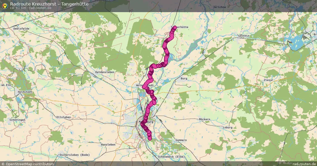 Fahrradroute von Kreuzhorst nach Tangerhütte