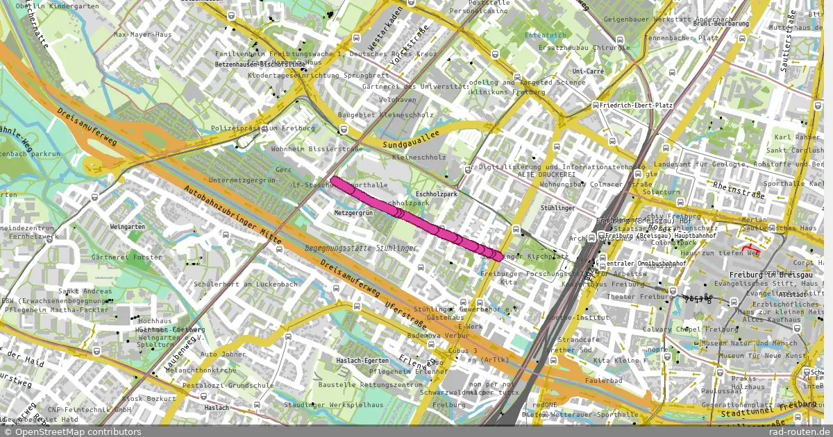 DE:BW:FR – von Kreuzung Eschholzstr. / Engelbergerstr. nach Eisenbahnbrücke Bissierstr. – Fernradroute auf Rad-Routen.de