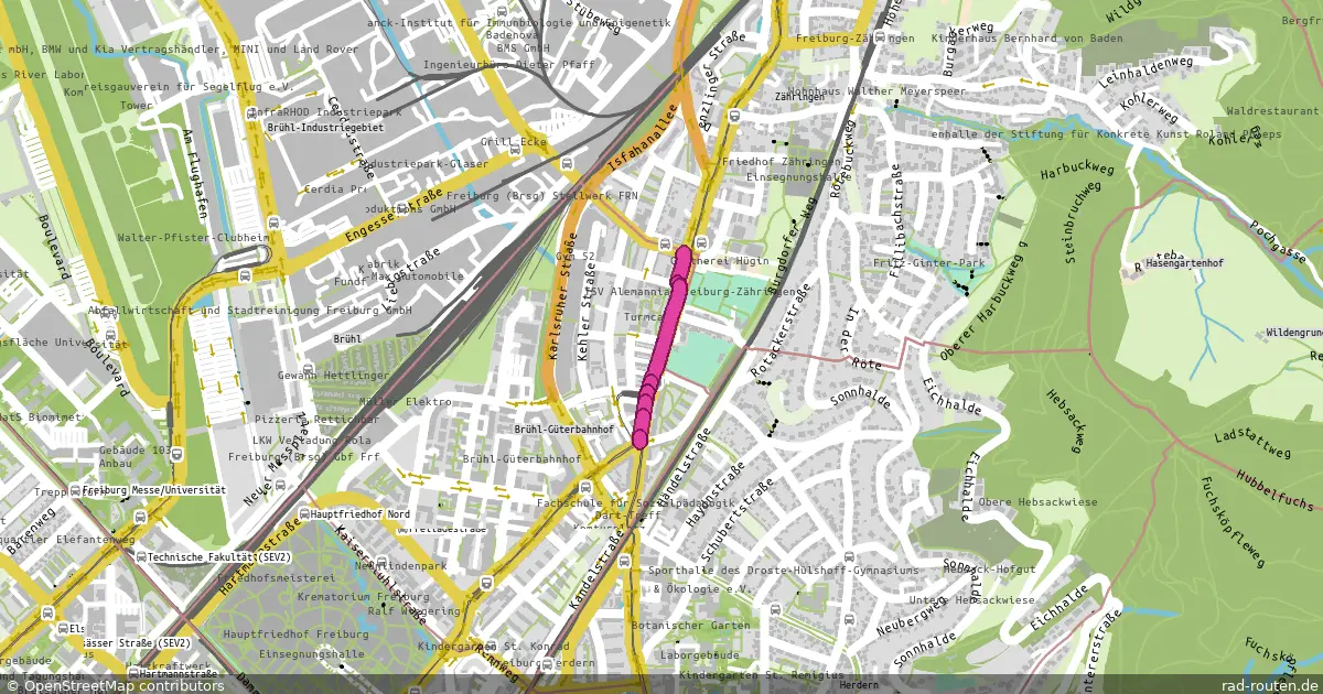 DE:BW:FR – von Kreuzung Tullastr. / Zähringer Str. nach Kreuzung Waldkircher Str. / Zähringer Str. – Fernradroute auf Rad-Routen.de