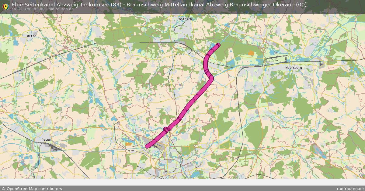 Elbe-Seitenkanal Abzweig Tankumsee (83) - Braunschweig Mittellandkanal Abzweig Braunschweiger Okeraue (00) (83-00) – Fernradroute auf Rad-Routen.de