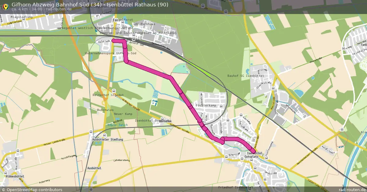 Gifhorn Abzweig Bahnhof Süd (34) - Isenbüttel Rathaus (90) (34-90) – Fernradroute auf Rad-Routen.de