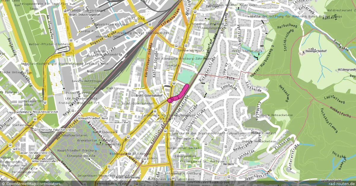DE:BW:FR – von Kreuzung Zähringer Str. / Stuttgarter Str. nach Kreuzung Zähringer Str. / Waldkircher Str. – Fernradroute auf Rad-Routen.de