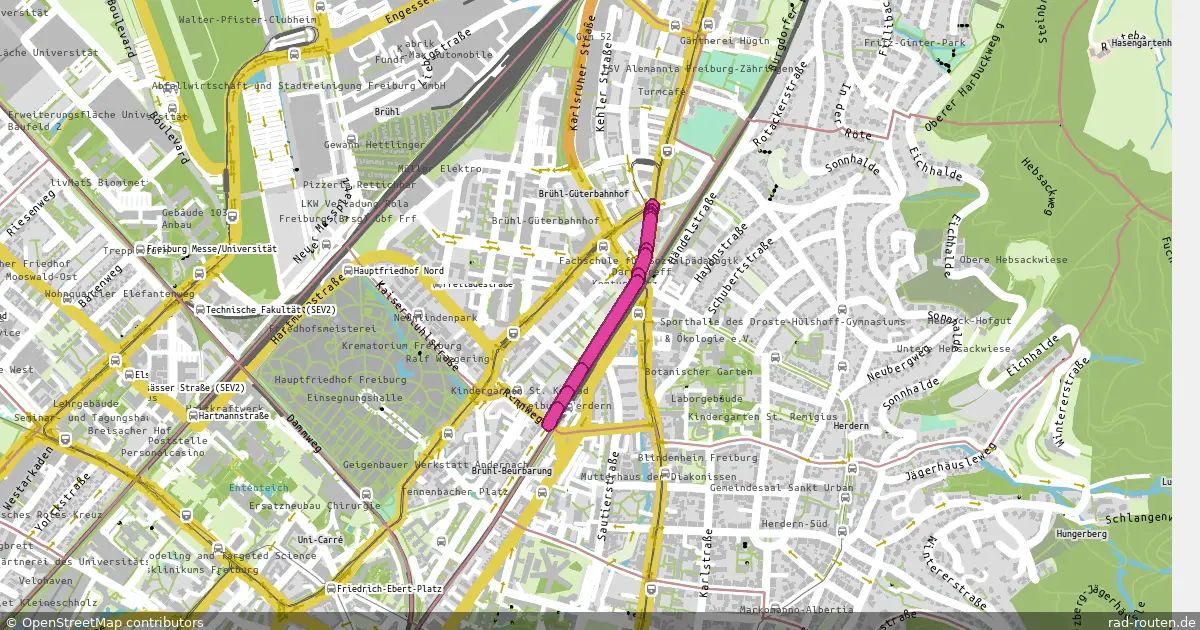 DE:BW:FR – von Kreuzung Waldkircher Str. / Zähringer Str. nach Herdern Bahnhof – Fernradroute auf Rad-Routen.de